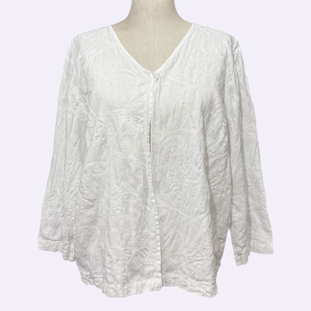 VTG Elisabeth 18 Petite White Linen Embroidered VNeck Cardigan Top Floral Bridal